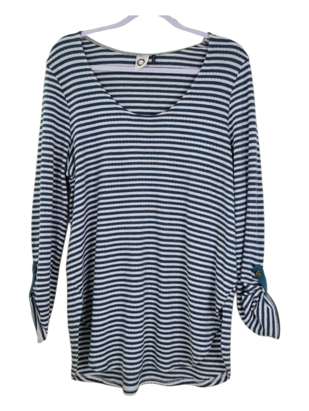 Akemi + Kin Sylvie Pointelle Top Size M Green White Striped Long Sleeve Knit